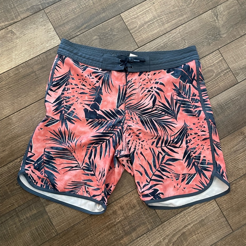 Old Navy Coral and Navy Leaf Print Board Shorts